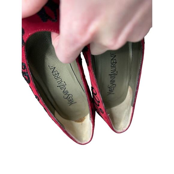 YSL Yves Saint Laurent Red Embroidery Black Suede Pump Heels Size 6 - Picture 9 of 10